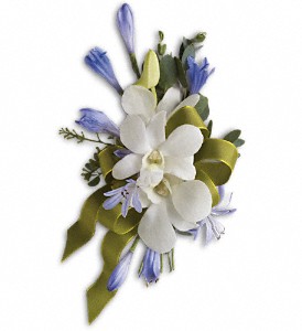 Blue and White Elegance Corsage in McDonough GA, Absolutely and McDonough Flowers & Gifts
